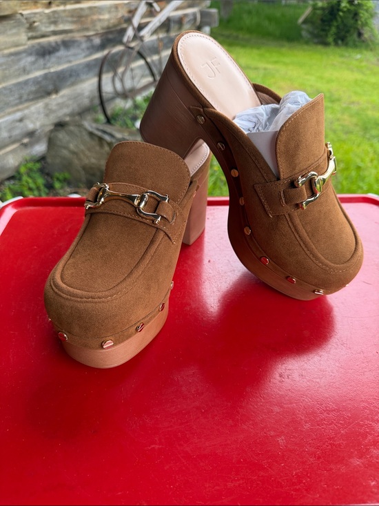 JustFab Shoes - JustFab Brown Suede Platform Clog Mules with Gold Bit